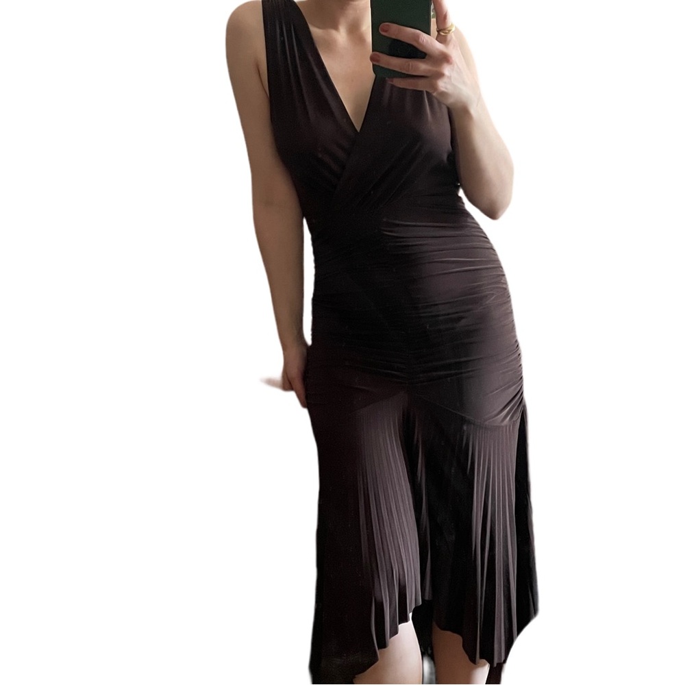 Vintage Y2K brown cocktail midi / maxi dress w pleating, ruching & empire waist